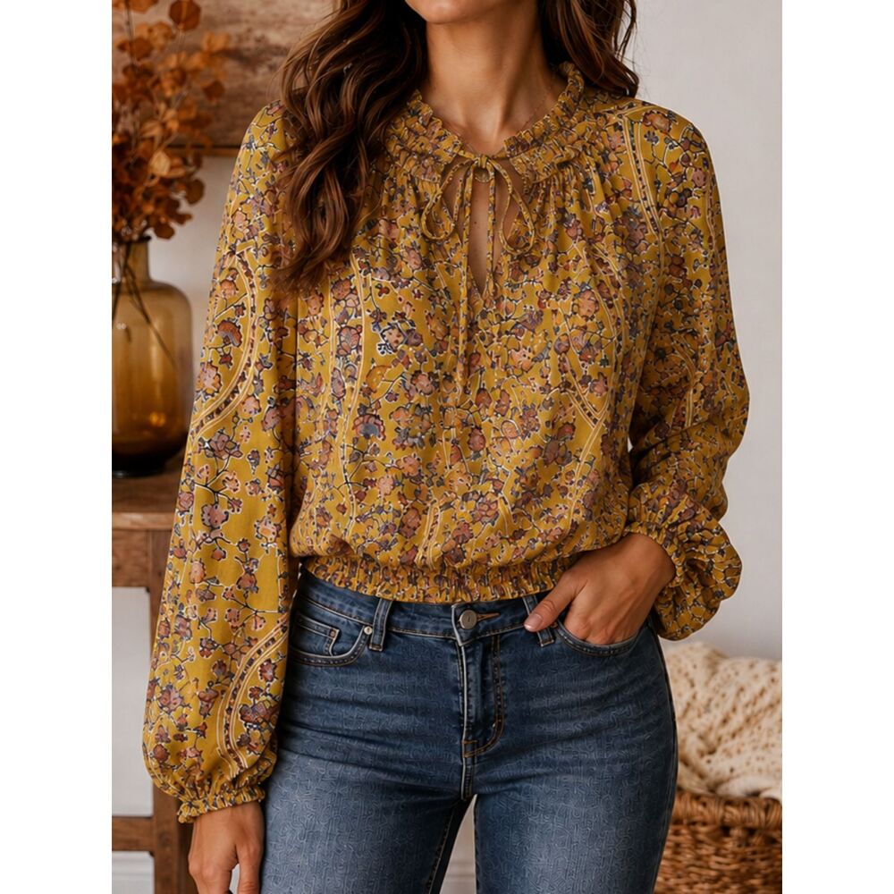 Melloday XL Mustard Floral Paisley Boho Ruffle Tie Neck Long Sleeve Blouse